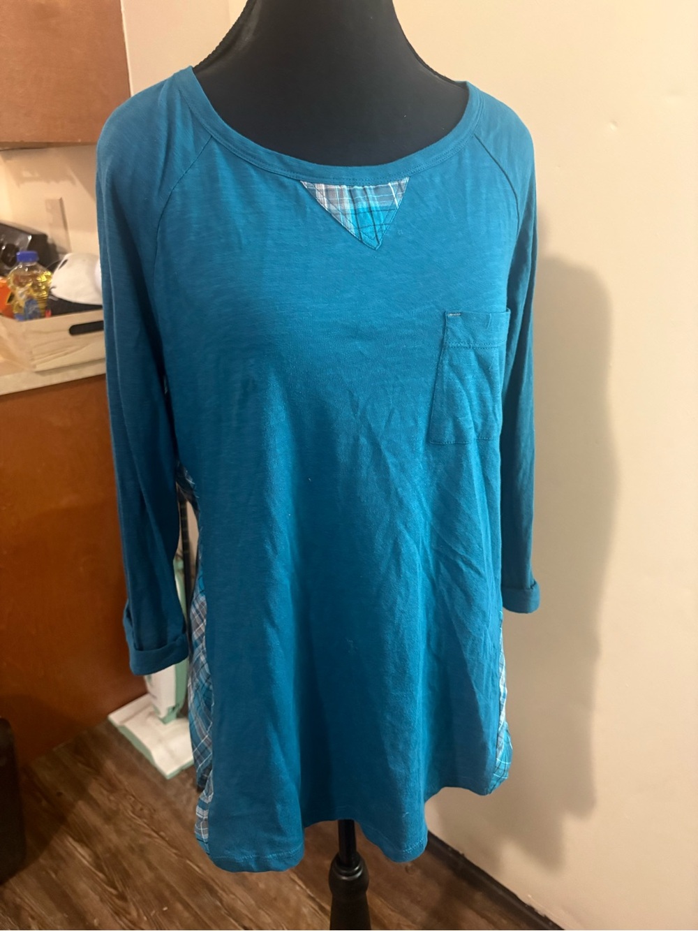 Hannah Teal Long-Sleeve Pocket Tunic with Plaid Trim